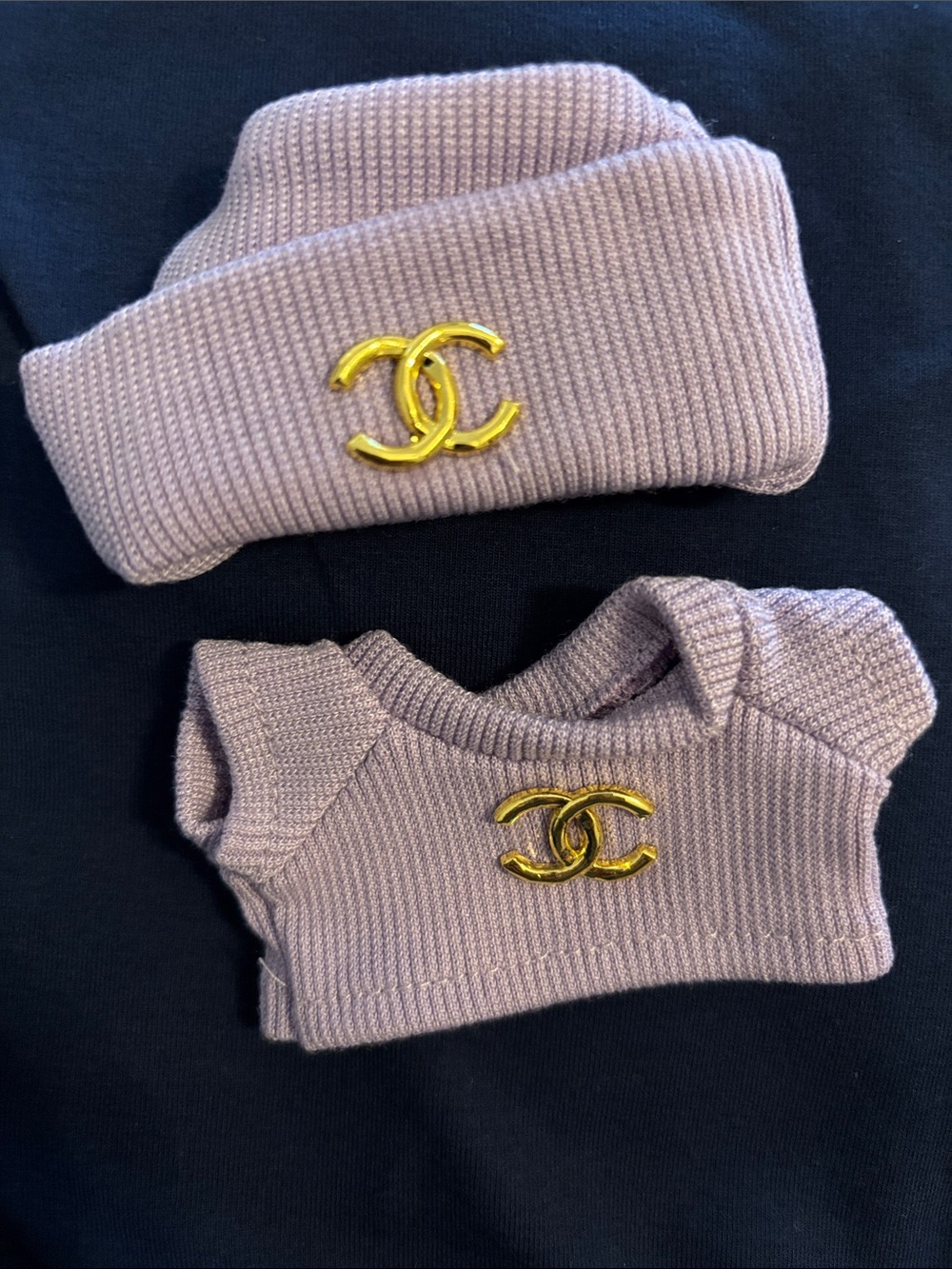 Labubu CHANEL Lilac Knit Beanie and Sweater Set with Gold CC